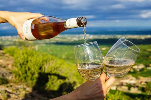 a bottle of white wine pouring wine into two glasses with the countryside on the background