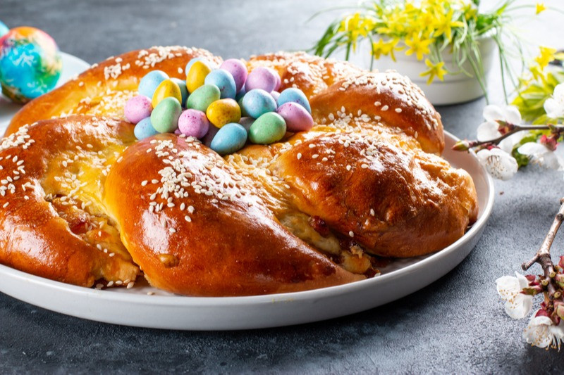 Tasty easter bread. Easter bread and eggs. Italian easter bread